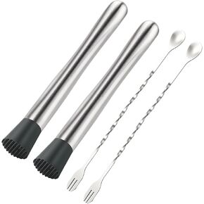 4Pcs 10'' Muddler and Spoon Set for Cocktails 304 Stainless Steel Fruit Smasher Home Bar Bartender Accessories Stirrers Mixing Tools for Mojitos Drinks Lemonade Stand Supplies in Saudi Arabia