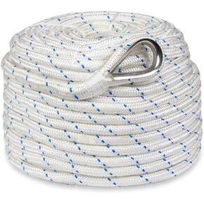 Double-Braided Nylon Anchor Rope with Stainless Steel Thimble – Marine Grade Anchor Line for Boats – 3/8", 1/2", 5/8", or 3/4" Sizes – Pre-Spliced Thimble – Not for Windlasses in Saudi Arabia