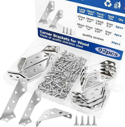 12 مجموعة/92 قطعة مقاسين L دعامات زاوية للأجهزة الخشبية دعامة زاوية شديدة التحمل عالمية من الفولاذ المقاوم للصدأ مع مسامير لطاولات الأثاث والكراسي ودرج الخزانة YY031 in Kuwait