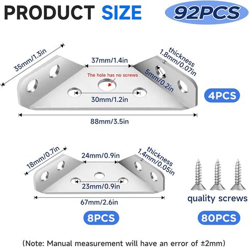 12 مجموعة/92 قطعة مقاسين L دعامات زاوية للأجهزة الخشبية دعامة زاوية شديدة التحمل عالمية من الفولاذ المقاوم للصدأ مع مسامير لطاولات الأثاث والكراسي ودرج الخزانة YY031 in Kuwait