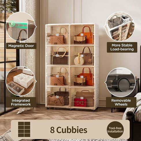 6 Cubbies Handbag Storage Organizer for Closet, Purse Organizer Cabinet with Magnetic Doors & Wheels, Foldable One-Piece Transparent Storage Box for Bags, Boots, Clothes, Toys, Books in Saudi Arabia