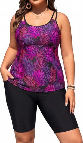 Plus Size Tankini Swimsuits - Athletic Two Piece Bathing Suits with Short for Women Swimwear with Pockets in Saudi Arabia