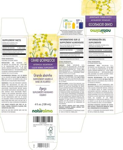 Grand Wormwood or Absinthe (Artemisia Absinthium) herb with Flowers Alcohol-Free Tincture Naturalma | 4 fl oz Liquid Extract in Drops | Herbal Supplement | Vegan | Product of Italy in Saudi Arabia