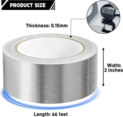 شريط رقائق ألومنيوم مقاس 2 بوصة × 66 قدم، 5.91 مل - درع حراري عالي التحمل وشريط من الألياف الزجاجية العازلة للحرارة لمجاري التدفئة والتهوية وتكييف الهواء، والقنوات المعدنية، وفتحات المجفف، وأنابيب التيار المتردد، وإصلاح العادم in Kuwait