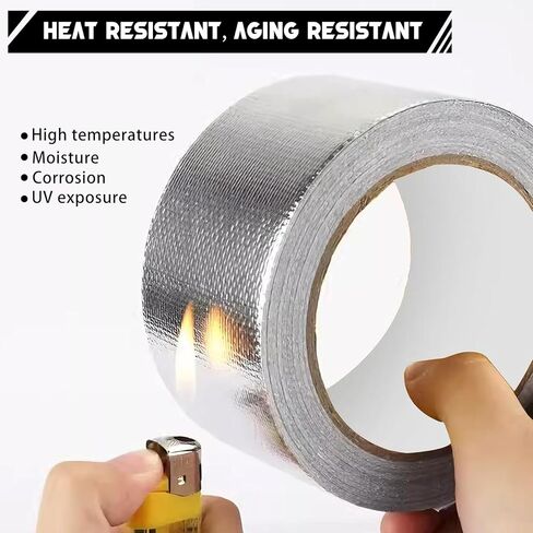شريط رقائق ألومنيوم مقاس 2 بوصة × 66 قدم، 5.91 مل - درع حراري عالي التحمل وشريط من الألياف الزجاجية العازلة للحرارة لمجاري التدفئة والتهوية وتكييف الهواء، والقنوات المعدنية، وفتحات المجفف، وأنابيب التيار المتردد، وإصلاح العادم in Kuwait