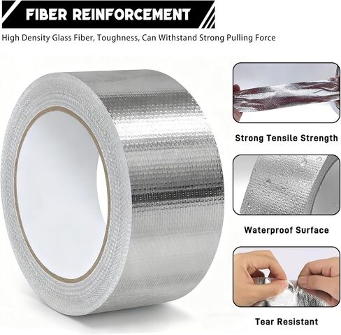 شريط رقائق ألومنيوم مقاس 2 بوصة × 66 قدم، 5.91 مل - درع حراري عالي التحمل وشريط من الألياف الزجاجية العازلة للحرارة لمجاري التدفئة والتهوية وتكييف الهواء، والقنوات المعدنية، وفتحات المجفف، وأنابيب التيار المتردد، وإصلاح العادم in Kuwait