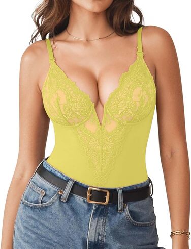 Popilush Shapewear Bodysuits for Women Lace Corset Tops Tummy Control V Neck Sleeveless Body Suit Thongs in Saudi Arabia