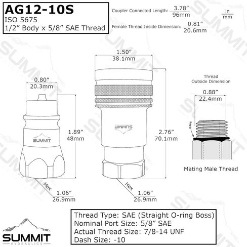 Ag ISO 5675 Hydraulic Quick Connect Tractor Couplers, (7/8"-14) O-Ring Boss, Poppet Pioneer Style w/Dust Caps in Saudi Arabia
