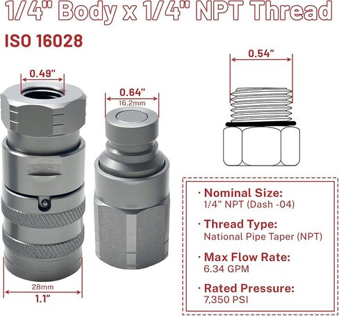 1/4" NPT Flat Face Hydraulic Quick Connect Coupler Set,1/4"Body ISO 16028, 7350 PSI, 6.34 GPM with Dust Caps, Fit for Compact Tractors & Skid Steers in Saudi Arabia