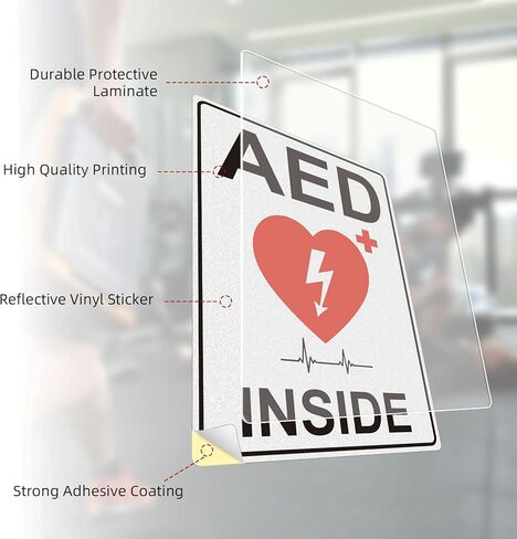 AED Sign Stickers, 2 Pack 10"x7" Large Vinyl AED Sign for Wall, Waterproof, Fade-Resistant, Easy-Apply Non Metal Decal with Clear Heart & ECG Icon for AED Device Identification in Kuwait