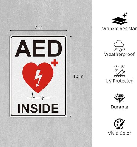 AED Sign Stickers, 2 Pack 10"x7" Large Vinyl AED Sign for Wall, Waterproof, Fade-Resistant, Easy-Apply Non Metal Decal with Clear Heart & ECG Icon for AED Device Identification in Kuwait