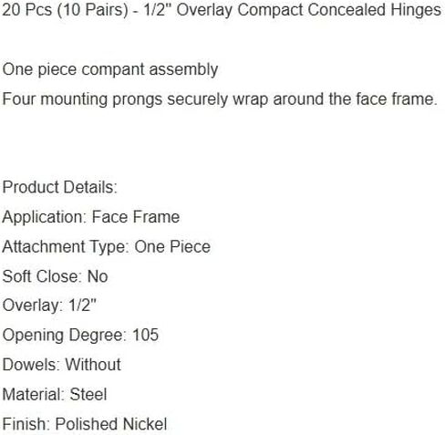 Replacement for 20 Pcs (10 Pairs) - 1/2" Overlay Face Frame Concealed Cabinet Door Hinges OEM in Kuwait