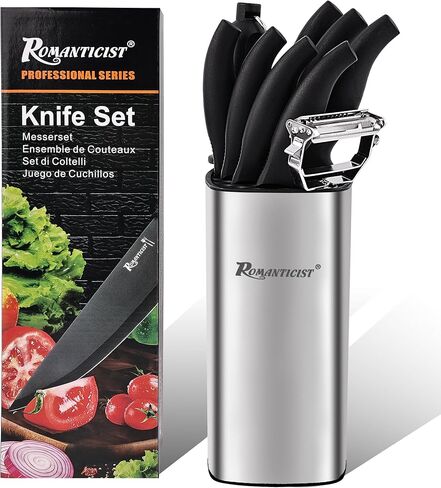 ROMANTICIST Knife Set, 10 Pieces Knife Block Set - Stainless Steel Kitchen Knives with Sharpener and Cheese Knife, Non-Slip Ergonomic Handles, Exquisite Knives Set - Stylish Black in Saudi Arabia