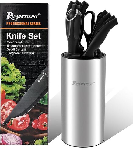 ROMANTICIST Knife Set, 10 Pieces Knife Block Set - Stainless Steel Kitchen Knives with Sharpener and Cheese Knife, Non-Slip Ergonomic Handles, Exquisite Knives Set - Stylish Black in Saudi Arabia