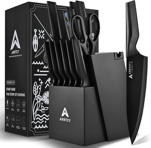 Knife Set with Block - Kitchen Knife Set German High-Carbon Steel - 15-Piece with Built-in Sharpener & Dishwasher Safe - Ergonomic Anti-Slip Handles,Black,Gift Box Included in Saudi Arabia