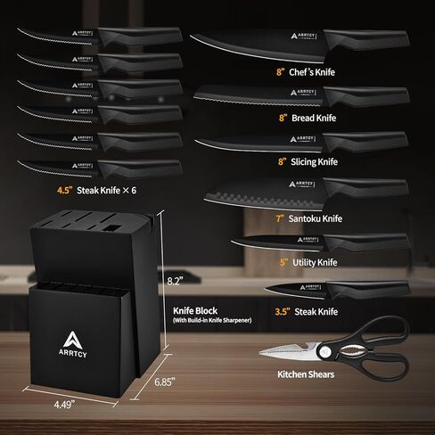 Knife Set with Block - Kitchen Knife Set German High-Carbon Steel - 15-Piece with Built-in Sharpener & Dishwasher Safe - Ergonomic Anti-Slip Handles,Black,Gift Box Included in Saudi Arabia