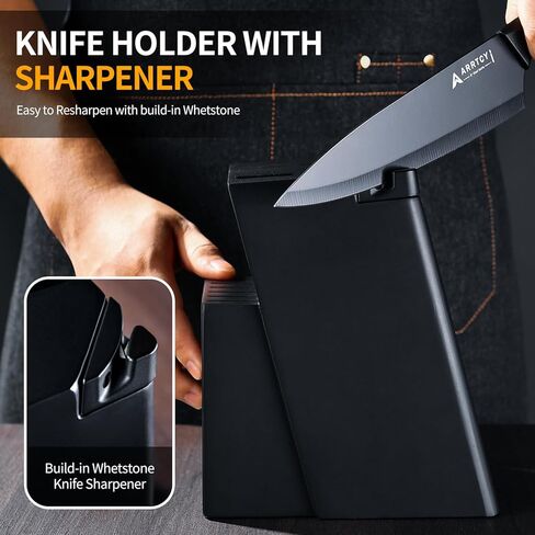 Knife Set with Block - Kitchen Knife Set German High-Carbon Steel - 15-Piece with Built-in Sharpener & Dishwasher Safe - Ergonomic Anti-Slip Handles,Black,Gift Box Included in Saudi Arabia
