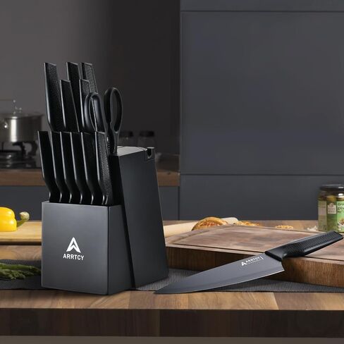Knife Set with Block - Kitchen Knife Set German High-Carbon Steel - 15-Piece with Built-in Sharpener & Dishwasher Safe - Ergonomic Anti-Slip Handles,Black,Gift Box Included in Saudi Arabia