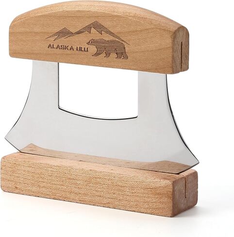 5inch Alaskan Mezzaluna Ulu Knife, Salad Veggies Rocker Chopper Slicer Cutter Hashing Chopping Mincing Cleaver with Wooden Stand Arthritic Tool in Kuwait
