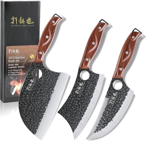 3PCS Butcher Knife Set, 7" Butcher Meat Cleaver, 7" Serbian Chef Knife and 6.5" Viking Knife, Hand Forged Kitchen Knife Set with Plastic Handle, Geat for Home, Camping, BBQ (Unique Finger Hole Design) in Saudi Arabia