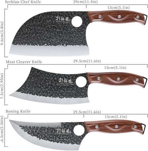 3PCS Butcher Knife Set, 7" Butcher Meat Cleaver, 7" Serbian Chef Knife and 6.5" Viking Knife, Hand Forged Kitchen Knife Set with Plastic Handle, Geat for Home, Camping, BBQ (Unique Finger Hole Design) in Saudi Arabia