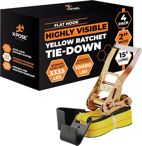 Xpose Safety 4-Pack Retractable Ratchet Straps with Flat Hooks, Heavy Duty 2" x 15', 10,000 lbs Break Strength Tie-Downs for Truck, Trailer, Kayak & Motorcycle in Saudi Arabia