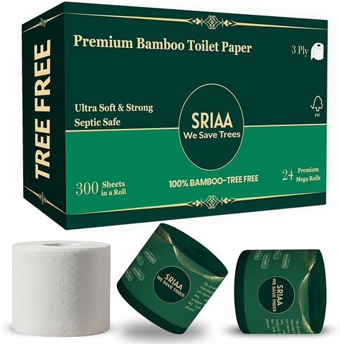 ورق تواليت فاخر 100% من الخيزران الخالي من الأشجار - 24 لفة ضخمة ممتازة، فائقة النعومة وقوية 3 طبقات 300 ورقة في كل لفة، صديقة للبيئة، خالية من البلاستيك، مناديل آمنة للصرف الصحي، نحن ننقذ الأشجار. in Kuwait