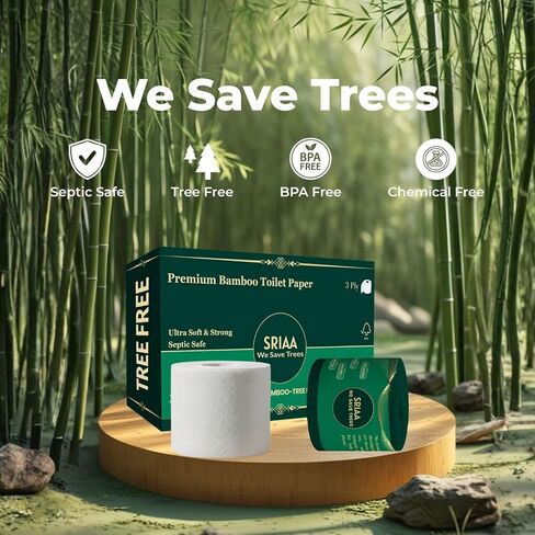 ورق تواليت فاخر 100% من الخيزران الخالي من الأشجار - 24 لفة ضخمة ممتازة، فائقة النعومة وقوية 3 طبقات 300 ورقة في كل لفة، صديقة للبيئة، خالية من البلاستيك، مناديل آمنة للصرف الصحي، نحن ننقذ الأشجار. in Kuwait