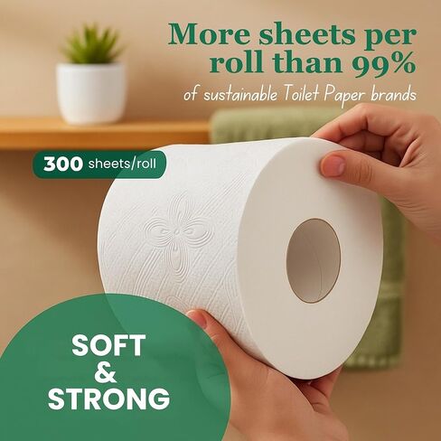 ورق تواليت فاخر 100% من الخيزران الخالي من الأشجار - 24 لفة ضخمة ممتازة، فائقة النعومة وقوية 3 طبقات 300 ورقة في كل لفة، صديقة للبيئة، خالية من البلاستيك، مناديل آمنة للصرف الصحي، نحن ننقذ الأشجار. in Kuwait