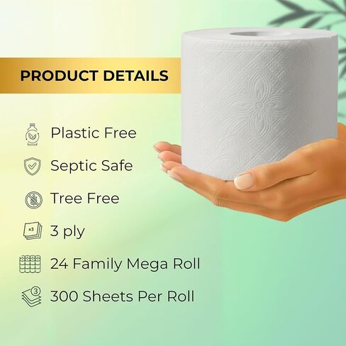 ورق تواليت فاخر 100% من الخيزران الخالي من الأشجار - 24 لفة ضخمة ممتازة، فائقة النعومة وقوية 3 طبقات 300 ورقة في كل لفة، صديقة للبيئة، خالية من البلاستيك، مناديل آمنة للصرف الصحي، نحن ننقذ الأشجار. in Kuwait
