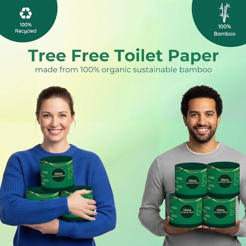 ورق تواليت فاخر 100% من الخيزران الخالي من الأشجار - 24 لفة ضخمة ممتازة، فائقة النعومة وقوية 3 طبقات 300 ورقة في كل لفة، صديقة للبيئة، خالية من البلاستيك، مناديل آمنة للصرف الصحي، نحن ننقذ الأشجار. in Kuwait