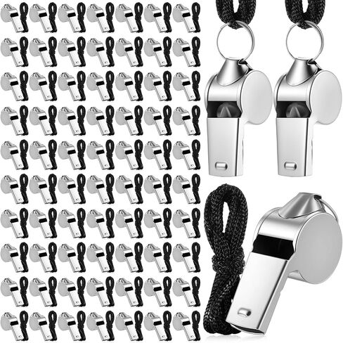 simarro 100 Pcs Stainless Steel Whistle with Lanyard, Silver Professional Loud Metal Whistle Ideal for Coaches Referees Recreation in Saudi Arabia
