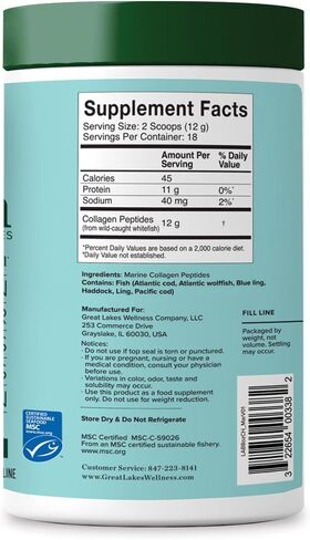 Great Lakes Wellness Sustainable Marine Collagen Peptides - Wild Caught MSC Certified - Unflavored Hydrolyzed Protein Powder - Support for Skin, Hair, Nails, Joints & Digestion - iGen Non-GMO - 8 oz in Saudi Arabia