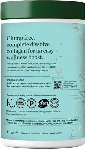 Great Lakes Wellness Sustainable Marine Collagen Peptides - Wild Caught MSC Certified - Unflavored Hydrolyzed Protein Powder - Support for Skin, Hair, Nails, Joints & Digestion - iGen Non-GMO - 8 oz in Saudi Arabia