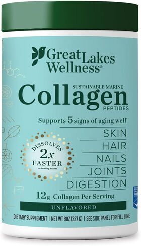 Great Lakes Wellness Sustainable Marine Collagen Peptides - Wild Caught MSC Certified - Unflavored Hydrolyzed Protein Powder - Support for Skin, Hair, Nails, Joints & Digestion - iGen Non-GMO - 8 oz in Saudi Arabia