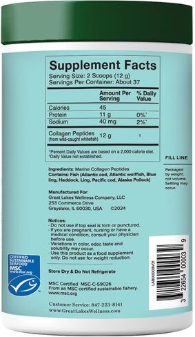 Great Lakes Wellness Sustainable Marine Collagen Peptides - Wild Caught MSC Certified - Unflavored Hydrolyzed Protein Powder - Support for Skin, Hair, Nails, Joints & Digestion - iGen Non-GMO - 8 oz in Saudi Arabia