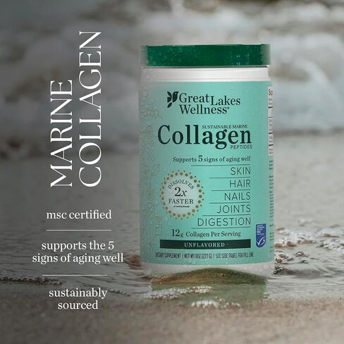 Great Lakes Wellness Sustainable Marine Collagen Peptides - Wild Caught MSC Certified - Unflavored Hydrolyzed Protein Powder - Support for Skin, Hair, Nails, Joints & Digestion - iGen Non-GMO - 8 oz in Saudi Arabia