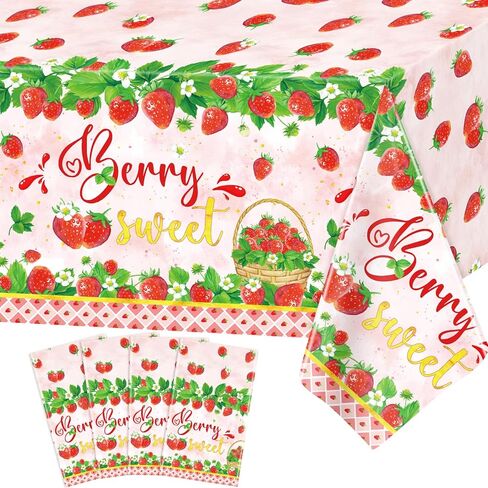 4 Pcs Strawberry Tablecloth Berry Sweet One Table Covers Strawberry Theme Party Table Cloth Strawberry Birthday Decorations Strawberry Baby Shower Supplies Berry First Birthday Decor 86 x 51 Inch in Kuwait