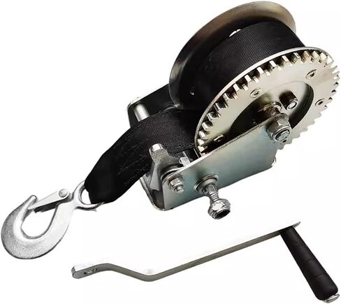 With nylon strap 550kg/1200lb boat trailer winch, portable manual bi-directional ratchet forward and reverse, gear ratio 4:1 manual winch, non-slip handle crank hand crank winch(550kg/1200lb-8m/26.2ft in Saudi Arabia