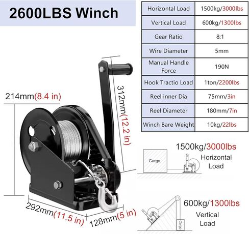 Black Boat Trailer Winch, Heavy Duty Towing Winch for Fishing Boat, Floating Dock, Kayat and Marine Yacht, Two-Way Ratchet Hand Winch for Lifting and Lowering (Color : 2600lbs Winch, Size : 20m/65.6 in Saudi Arabia