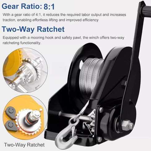 Black Boat Trailer Winch, Heavy Duty Towing Winch for Fishing Boat, Floating Dock, Kayat and Marine Yacht, Two-Way Ratchet Hand Winch for Lifting and Lowering (Color : 2600lbs Winch, Size : 20m/65.6 in Saudi Arabia