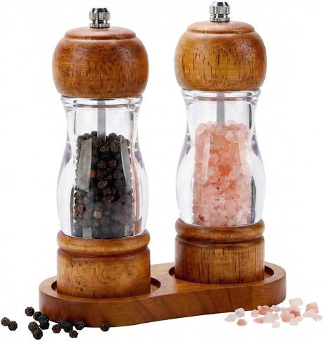 Salt and Pepper Grinder Set Wood and Acrylic - 6.3 Inch Oak Pepper Mill with Visible Window & Storage Tray - Adjustable Coarseness Ceramic Rotor, Manual Spice Grinders for Kitchen Table in Saudi Arabia
