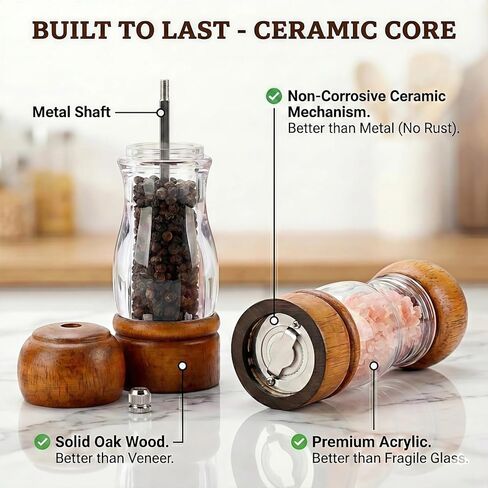 Salt and Pepper Grinder Set Wood and Acrylic - 6.3 Inch Oak Pepper Mill with Visible Window & Storage Tray - Adjustable Coarseness Ceramic Rotor, Manual Spice Grinders for Kitchen Table in Saudi Arabia