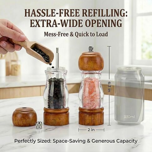Salt and Pepper Grinder Set Wood and Acrylic - 6.3 Inch Oak Pepper Mill with Visible Window & Storage Tray - Adjustable Coarseness Ceramic Rotor, Manual Spice Grinders for Kitchen Table in Saudi Arabia