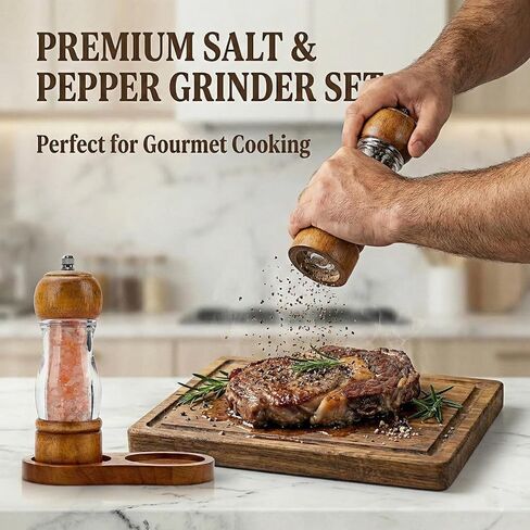 Salt and Pepper Grinder Set Wood and Acrylic - 6.3 Inch Oak Pepper Mill with Visible Window & Storage Tray - Adjustable Coarseness Ceramic Rotor, Manual Spice Grinders for Kitchen Table in Saudi Arabia