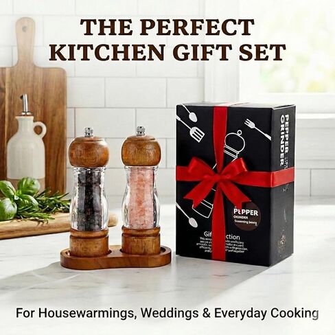 Salt and Pepper Grinder Set Wood and Acrylic - 6.3 Inch Oak Pepper Mill with Visible Window & Storage Tray - Adjustable Coarseness Ceramic Rotor, Manual Spice Grinders for Kitchen Table in Saudi Arabia