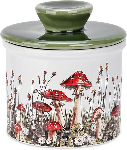 وعاء زبدة الفطر من فانجي فن، طبق زبدة فرنسية من السيراميك مع غطاء للسطح، ملحقات مطبخ الفطر المزخرفة وديكور المطبخ، حاوية سيراميك محكمة الغلق وحافظة باللون الأبيض والأحمر والأخضر in Kuwait