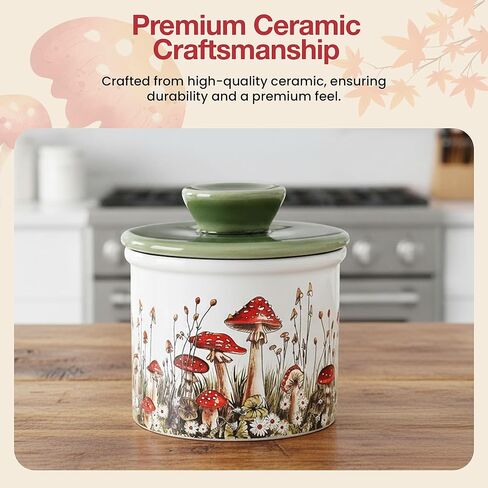 وعاء زبدة الفطر من فانجي فن، طبق زبدة فرنسية من السيراميك مع غطاء للسطح، ملحقات مطبخ الفطر المزخرفة وديكور المطبخ، حاوية سيراميك محكمة الغلق وحافظة باللون الأبيض والأحمر والأخضر in Kuwait