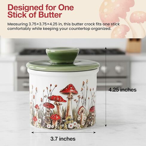 وعاء زبدة الفطر من فانجي فن، طبق زبدة فرنسية من السيراميك مع غطاء للسطح، ملحقات مطبخ الفطر المزخرفة وديكور المطبخ، حاوية سيراميك محكمة الغلق وحافظة باللون الأبيض والأحمر والأخضر in Kuwait