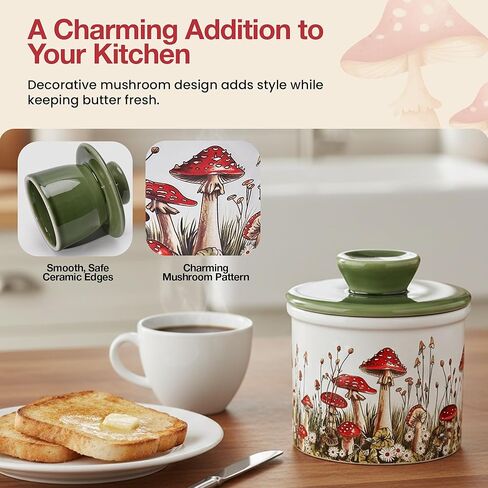 وعاء زبدة الفطر من فانجي فن، طبق زبدة فرنسية من السيراميك مع غطاء للسطح، ملحقات مطبخ الفطر المزخرفة وديكور المطبخ، حاوية سيراميك محكمة الغلق وحافظة باللون الأبيض والأحمر والأخضر in Kuwait